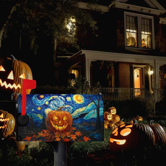 Halloween Pumpkin Magnetic Mailbox Covers Standard Size 18 x 21 Van Gogh's Starry Night Mailbox Wraps Cover Oil Painting Decorations Post Box Cover for Garden Yard Outdoor Decor