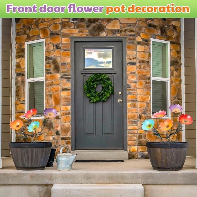 2 Pack Metal Flowers for Outdoor, Decorative Garden Stakes Yard Art, Outdoor Spring Garden Stake Summer Decor Bouquet of Poppy Flower Rustic Handcrafted Items for Lawn Porch Fence(Colorful)