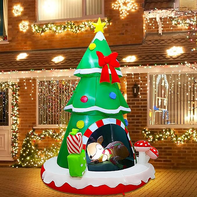 Joliyoou Christmas Inflatable Decoration, 7.2FT H Air-Blown Lighted Christmas Tree Sleeping Inside A Deer, Jumbo Blow Up Xmas Tree Adorned with Red Bow Gift Boxes for Outdoor Indoor Decor