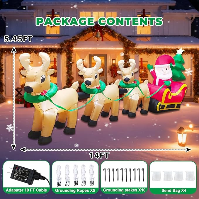 14FT Christmas Inflatables Santa Claus on Sleigh Outdoor Decorations, Santa Claus on Sleigh with 3 Reindeer, LED Lighted Outdoor Yard Decoration for Xmas Party Decor Yard Garden Lawn