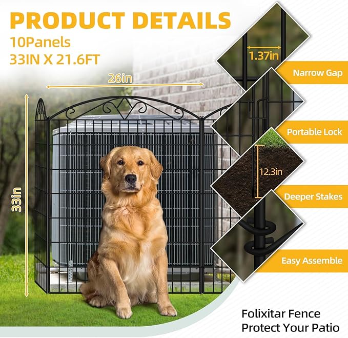 Outdoor Dog Fence for Yard, 10 Pack Fences with Latch Suitable for Patio Garden Yard, 33in(H) x 21.6ft(W) Decorative Fencing Panels for Detering Animals (10 Packs)