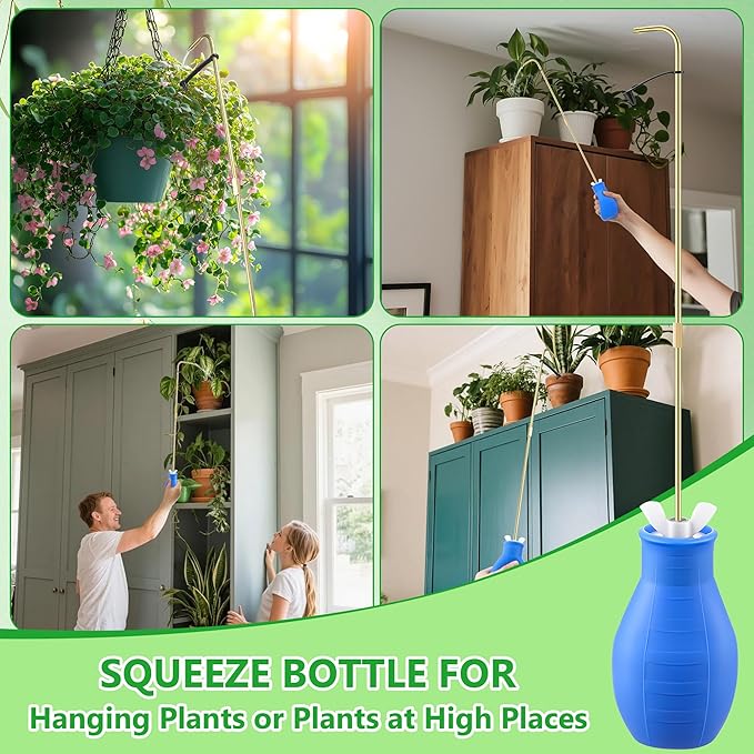 Dreyoo Squeeze Bottle for Hanging Plants, 19" Long Spout Plant Watering Bottle, Easy Squeeze Indoor/Outdoor Watering Can Alternative, Precise Sprinkling for Hanging Baskets, Houseplants, 8oz(Blue)