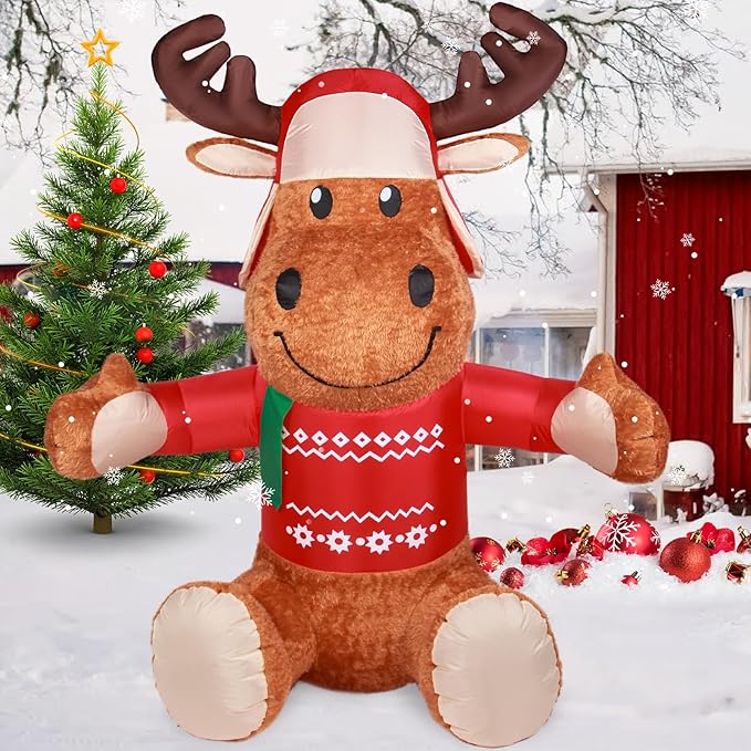 6 FT Christmas Inflatable Outdoor Decorations, Inflatables Plush Reindeer Yard Decor with Christmas Hat & Sweater, Built-in LED Lights Blow up Xmas Deer Holiday Decorations for Outside Lawn Garden
