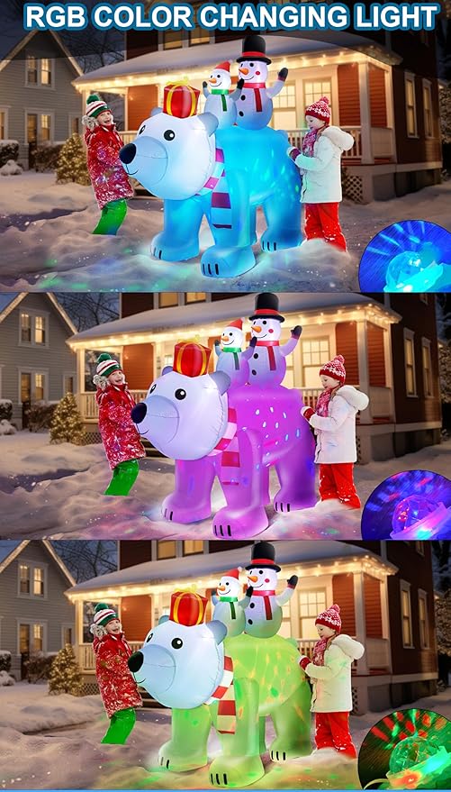 6 Ft Tall 5.7 Ft Long Christmas Inflatable Snowman Couples on Polar Bear with Rotating RGB Color Lights Christmas Outdoor Decorations Blow Up Snowman Inflatables Xmas Decor Yard Holiday Garden