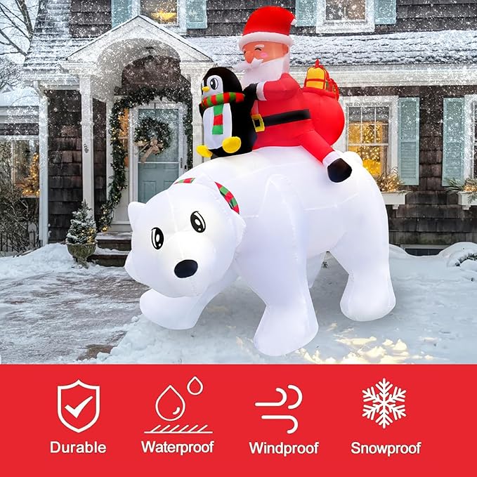 6FT Christmas Inflatable Santa Riding Polar Bear with Penguin Decorations, LED Light Up & Built-in Speaker, Blow Up Outdoor Indoor Xmas Yard Decor for Lawn Garden Party Holiday Season