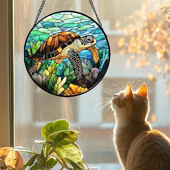Stained Glass Window Hanging - Cute Sea Turtle Suncatcher for Door Garden Yard Blue Ocean Sun Catchers Decor Christmas Mother's Day Birthday Children's Gifts for Women Mom Nana Friend 11.8 in