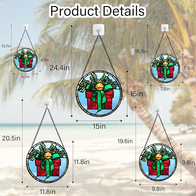Stained Glass Window Hanging - Green Pine Branch Gift Box Suncatcher for Doors Home Christmas Decoration Winter Sun Catcher Thanksgiving New Year Birthday Gifts for Women Mom Nana 11.8 in