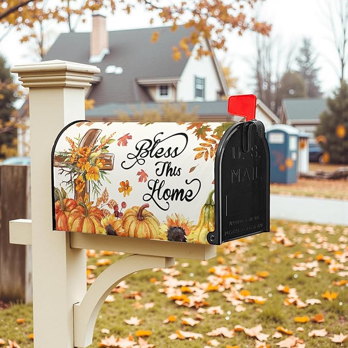 Bless This Home Large Mailbox Covers Magnetic Oversized Thanksgiving Pumpkin Mailbox Cover 25.5x21 inch Fall Mail Box Wrap for Outside Garden