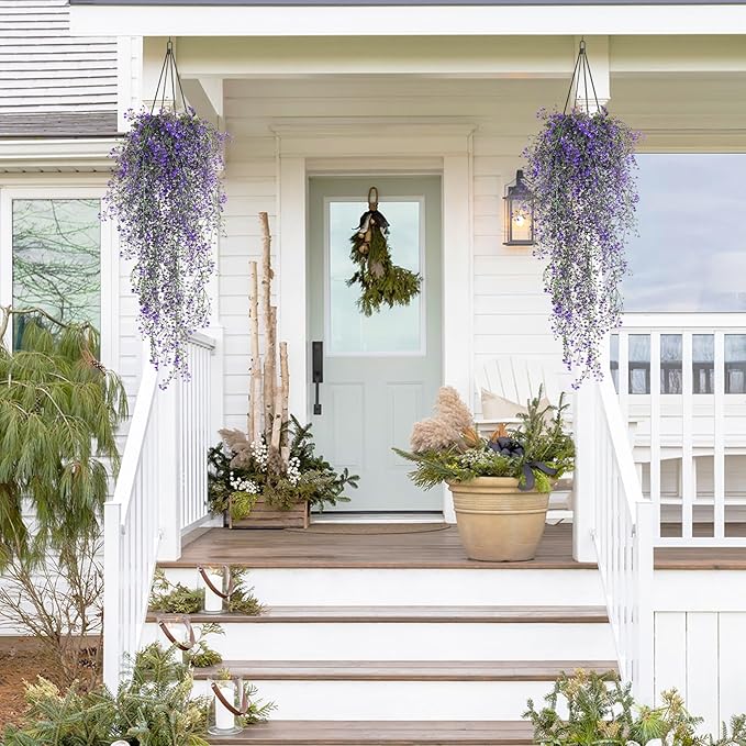 RECUTMS Artificial Vine Plants 2 Pack Fake Hanging Flower Plants Faux Ivy Vine Leaves Plastic Baby Breath Greenery UV Resistant for Home Bedroom Wall Porch Garden Wedding Decor (Purple)