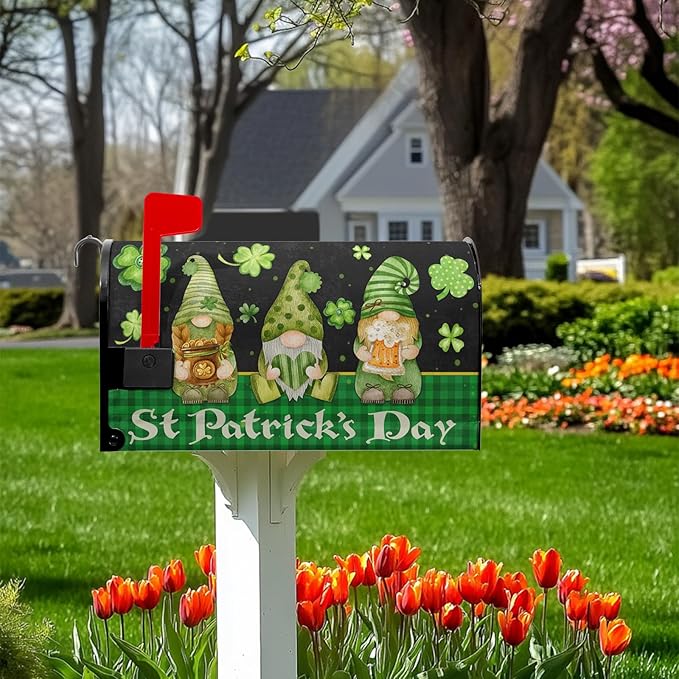 St Patricks Gnomes Mailbox Cover - Shamrock Mailbox Covers Magnetic Standard Size 21x18 in -Decoration for Garden - Green Clover