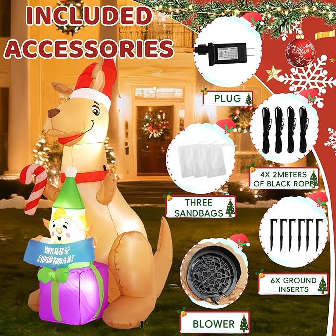 6FT Kangaroo Afu Inflatable Decoration with Built-in LED Lights, Christmas Outdoor Inflatable Decoration for Lawns, Yards, Gardens, and Patios