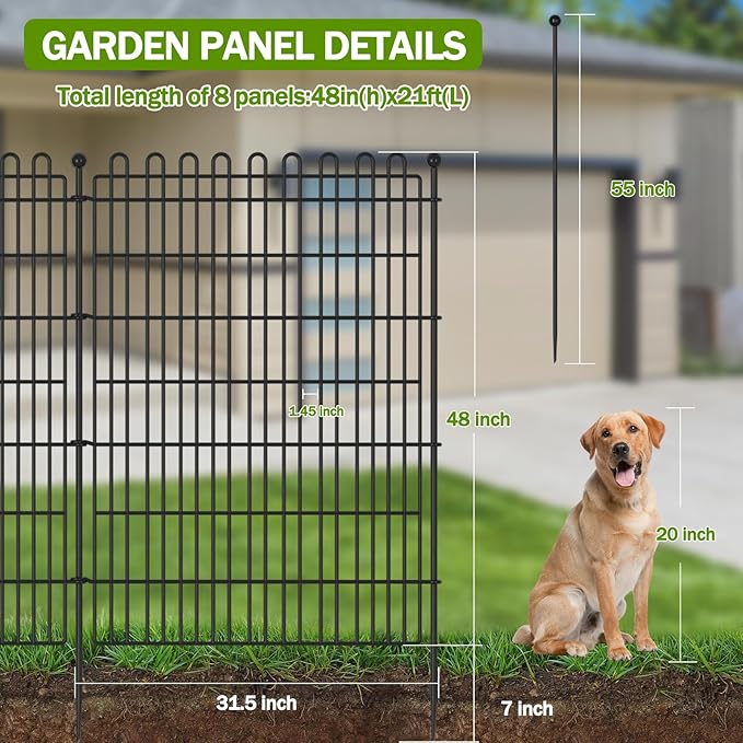 8 Panels No Dig Decorative Garden Fence with Gate for Yard, 48 in(H) X 21 ft(L) Animal Barrier Fencing for Outdoor Dog, Metal Portable Garden Fences for Borders, Pets, Landscape, Temporary Fence