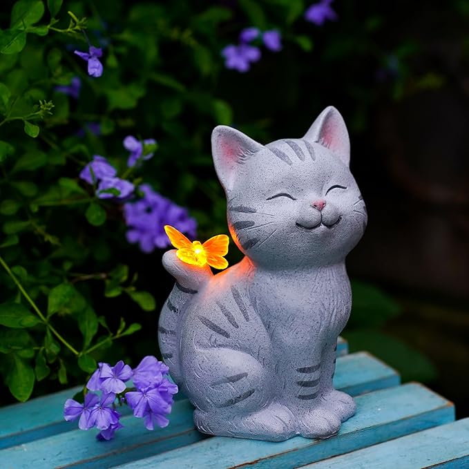 Solar Garden Cat Statue with LED Butterfly Light, Decorative Resin Outdoor Figurine 7.7in, Yard Lawn Ornaments Porch Patio Balcony Home House - Birthday Gifts for Grandma Mom Women