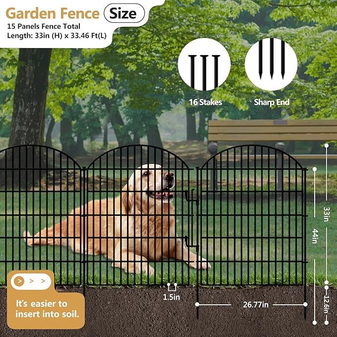 15 Panels No Dig Decorative Garden Fence with Lock, 33in (H) X 33.46ft (L) Dog Fences Outdoor for Yard, Rustproof Tall Metal Animal Barrier Border for Rabbits, Patio, Temporary Outdoor Use
