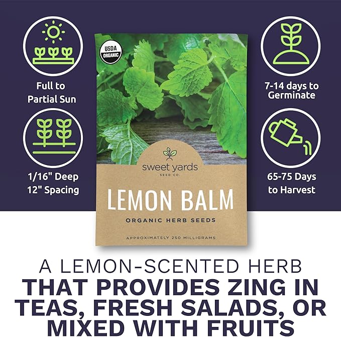 Sweet Yards Seed Co. Organic Lemon Balm – Two Seed Packets! – Approx. 620 Open Pollinated Non-GMO Herb Seeds
