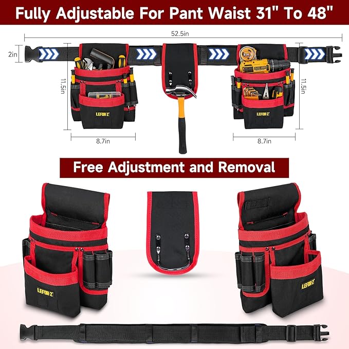 Tool Belt,Magnetic Tool Pouch,27-Pockets Heavy Duty Padded Tool Belts for Men,Detachable & Adjustable Tool Pouch Bag for Electrician,Carpenter,Construction,Work Apron,Utility Belt,Black,Red