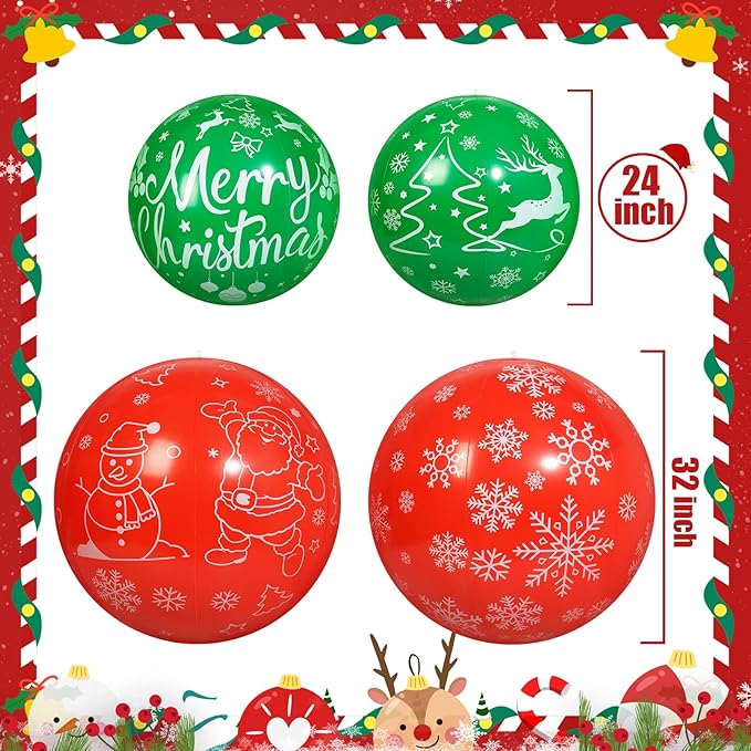 4 PCS 32 Inch, 24 Inch Christmas Inflatable Balloons PVC Large Christmas Inflatable Outdoor Balls for Xmas Garden Lawn Yard Holiday Front Door Decoration