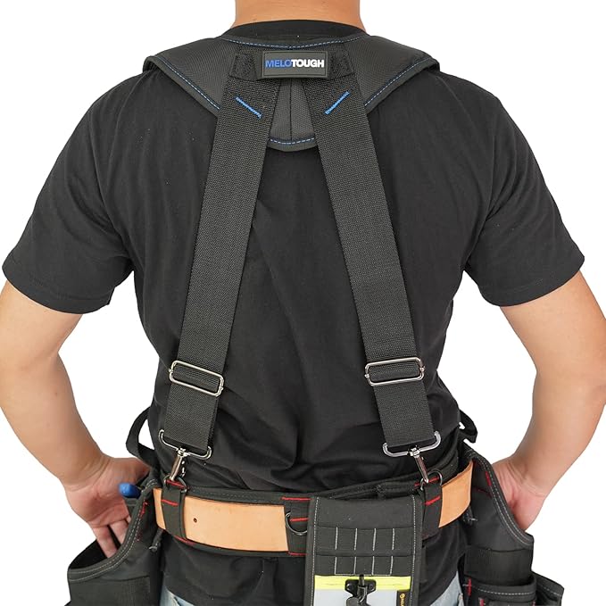 MELOTOUGH Tool Belt Suspenders Construction Work Belt Suspenders with detachable phone holder comfortable foam shoulder padder (Blue)