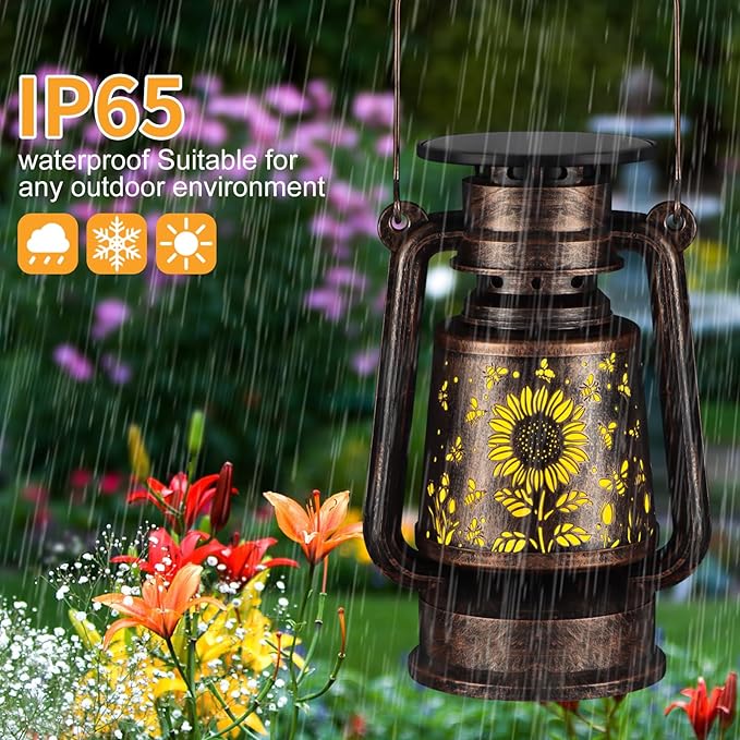 Solar Lantern Outdoor Hanging Vintage LED Waterproof Camping Light with Beautiful Graphics Landscape Decor for Yard,Patio,Porch,Lawn,Tabletop(Sunflower + Bee)