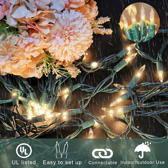 Christmas Tree Lights, 200 Count (2×100) Incandescent, 53ft Green Wire – UL Listed Waterproof Outdoor Connectable Warm White Lights with Spare Bulbs & Fuses, for Yard & Home Décor