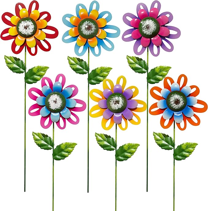 Metal Garden Flower Stakes, Outdoor Yard Art Decorations, 16.5 inch Height, Set of 6 Colorful Daisies (Yard Garden Decor)