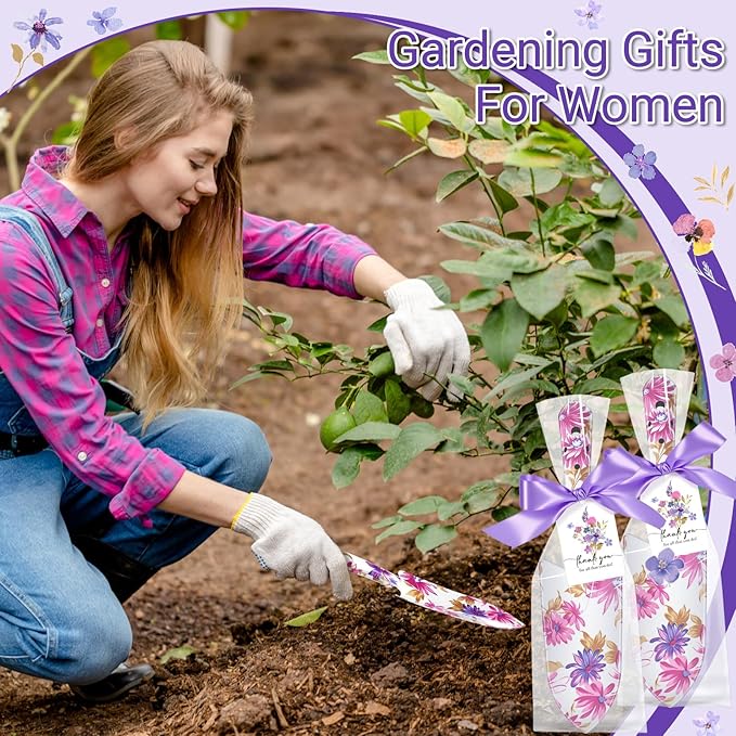 Capoda 12 Sets Floral Garden Shovels Bulk Gardening Gift for Women Thanksgiving Garden Tools Floral Hand Heavy Duty Trowels Thank You Cards with Bags for Christmas Mom Birthday Teacher(Purple,Elegant)