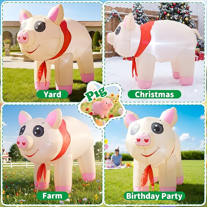 4FT Inflatables Christmas Spring Farm Ranch Blow up Animals Cute Pig Decorations with LED Light Indoor Outdoor Yard Graden Party Lawn Holiday Decor
