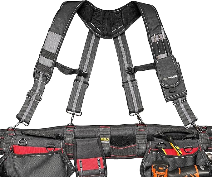 MELOTOUGH Tool Belt Suspenders Construction Work Suspenders with detachable phone holder comfortable foam shoulder padder (Grey)