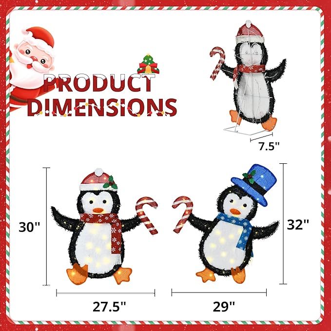 32" H Penguin Lights Outdoor Christmas Decorations, 2D Pre-lit Cute Holiday Lawn Lights Decors, Flat Xmas Yard Decor, 80 Warm White LEDs, Perfect for Garden, Driveway, Porch, 2-Piece Set