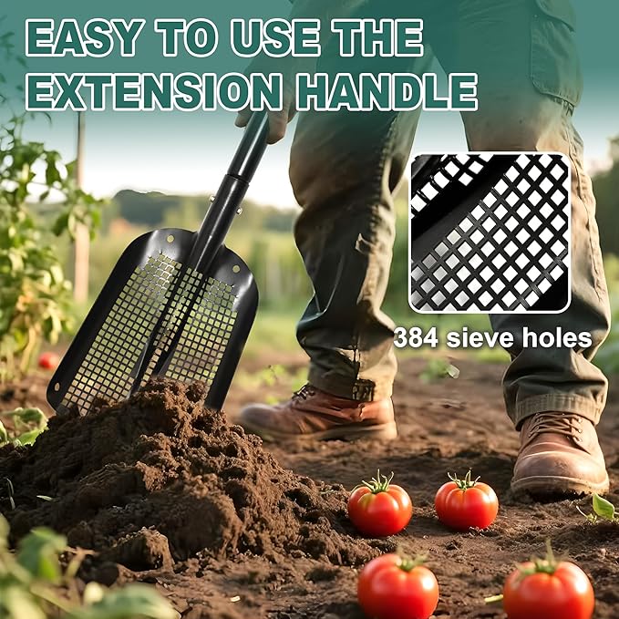 VYNTRA 47.7" Metal Sifting Shovel, Adjustable Sand Sifter for Chicken Coop, Farm Goat Stall & Garden, Beach-Heavy Duty Durable Mesh Screen for Poop Cleaning Durable Sifter Shovel Ergonomic Grip Black