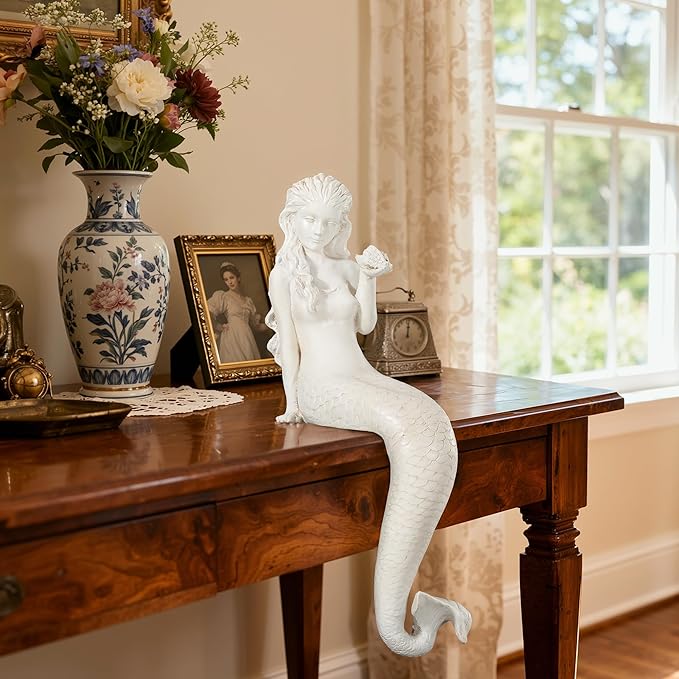 Mermaid Garden Statue, 25.6 Inch Large Outdoor Sculpture Figurines, Pretty Lawn & Patio Decor in Antique White, Made of Durable Magnesium Oxide Stone with Weather-Resistant Finish