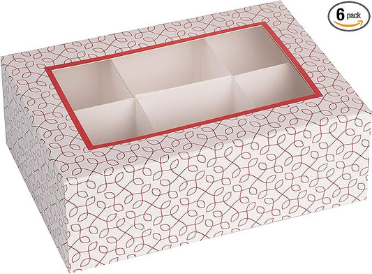 Hammont Window Box with Six Sections - 6 Pack - 7”x5”x2.5” - Red Colored Versatile Bakery Boxes Perfect for Sharing Snacks and Cookies | 6 Insert Sections Gift Boxes
