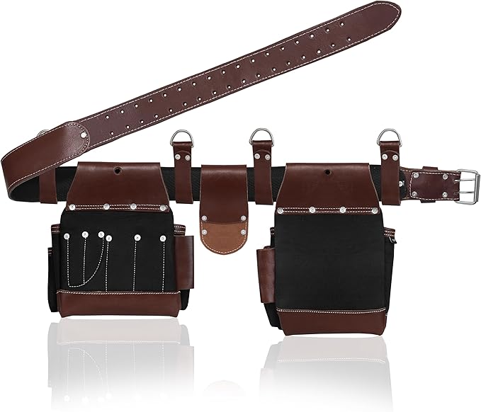 FUERI Tool Belt Men Heavy Duty Nylon Leather Tools Belts Carpenter Bags Electrician Pouches Organizer for Construction Framing (Black & Brown, 30 to 52 Inches Waist)