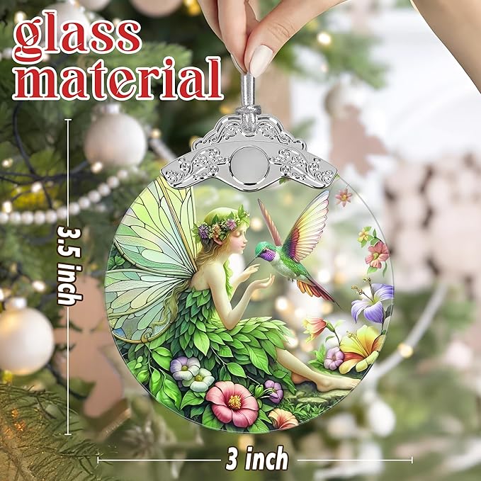 Fairy & Hummingbird Christmas Ornament - Stained Glass Hanging Decor - Tree Decoration - Gifts for Women, Her, Mom