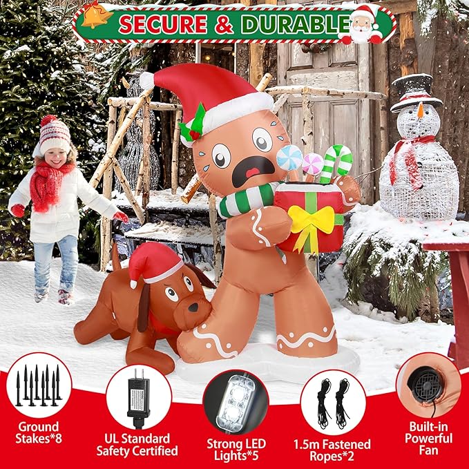 5FT Christmas Inflatable Gingerbread Man & Dog Outdoor Decoration, Christmas Funny Blow Up Yard Decoration, Built-in LED Lights Inflatables Xmas Holiday Décor for Indoor Lawn Garden