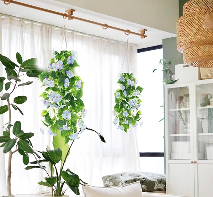 FERIAL Artificial Vines 15Feet Silk Flower Garland for Outdoors Blue Morning Glory Vine Artificial Flowers Hanging Plants Garland Fake Green Plant 2Pcs for Wall Fence Indoor Wedding Banquet Decor