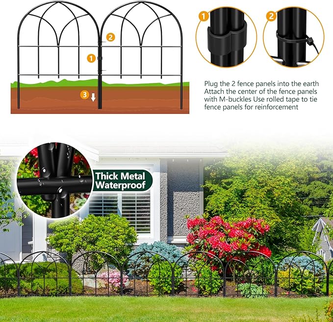 Small Garden Fence Animal Barrier, 12.55"*16.53" Decorative Fence Panel, No Dig Fences Barrier, Arch 6 Pcs Black Metal Fencing, Garden Border Edging Fences, Dog Fencing Blocker for Yard, Flower Bed
