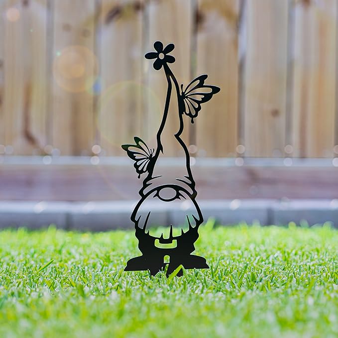 RealSteel Garden Gnomes - Whimsical Metal Yard Stakes - 3 Pack Outdoor Lawn Ornaments with Butterfly Hats - Garden Decorations
