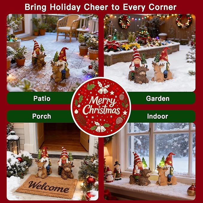 2 Pcs Gnome Garden Decor Statue Highland Cow and Reindeer, Solar LED Lights Gnomes Garden Sculpture Decorations for Yard, Gnomes Gifts for Women