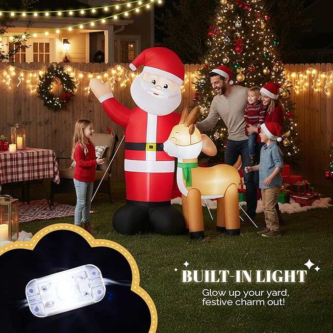 VINGLI 6ft Christmas Santa with Reindeer Inflatable, Inflatable Waving Santa Claus Reindeer Outdoor Decoration with LED Lights,Xmas Blow ups for Lawn, Garden, Holiday Decor