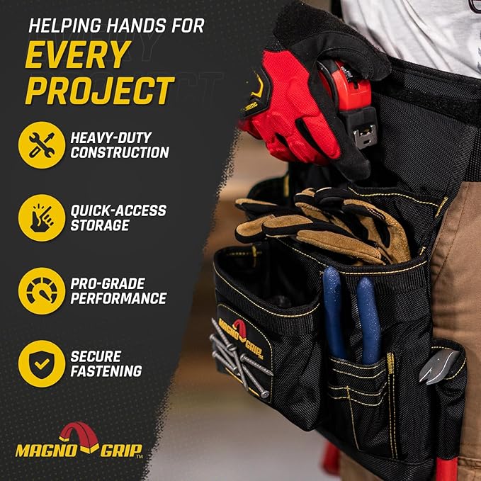 MagnoGrip 20-Pocket Builder’s Tool Rig with Magnetic Storage—Heavy-Duty 1680D Polyester Tool Belt with Padded Suspenders, Rivet Reinforced Stress Points, and Smartphone Holder, Fits Up to 52” Waist.