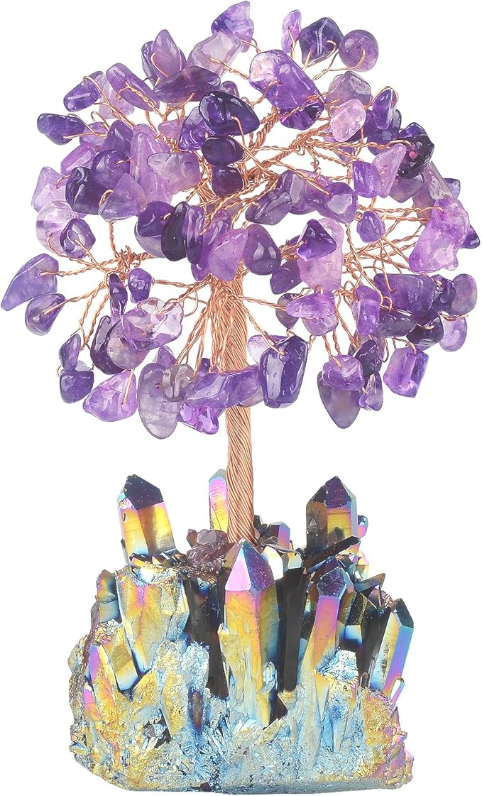 Natural Amethyst Crystal Tree, Quartz Cluster Rainbow Titanium Crystals Base, Feng Shui Bonsai Money Tree for Wealth and Luck
