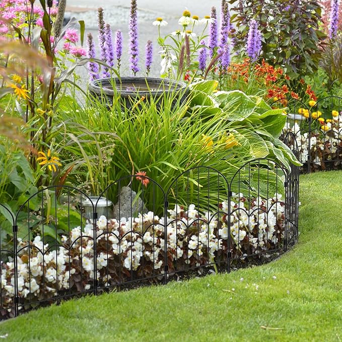 12 Panels Decorative Garden Fence Dog Fence Outdoor for Yard 13ft (L) X 2ft (H) Black Animal Barrier with No-Dig Stakes Arched Rustproof Metal Wire Decorative for Flower Landscaping and Garden Edging