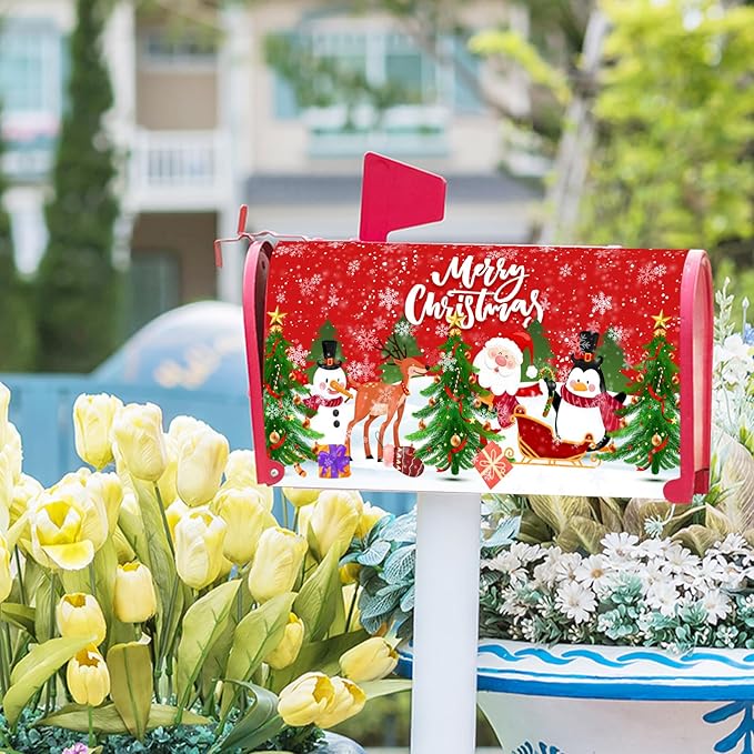 Merry Christmas Mailbox Cover, Magnetic Standard Size 21x18 Inch, Xmas Trees Santa Claus Snowman Reindeer Penguin Mailbox Wrap Post Cover for Garden Yard Outdoor Home New Year Decor