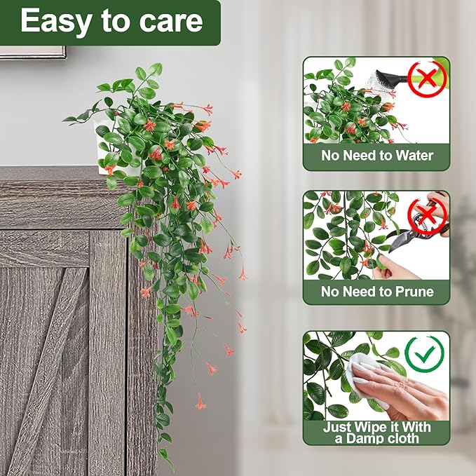 2 x Fake Hanging Plants Small Artificial Potted Lysimachia Plants with OrangeRed Flowers for Home Decor Nearly Natural Hanger Greenery for Wall Room Indoor Outdoor Shelf Decor OrangeRed