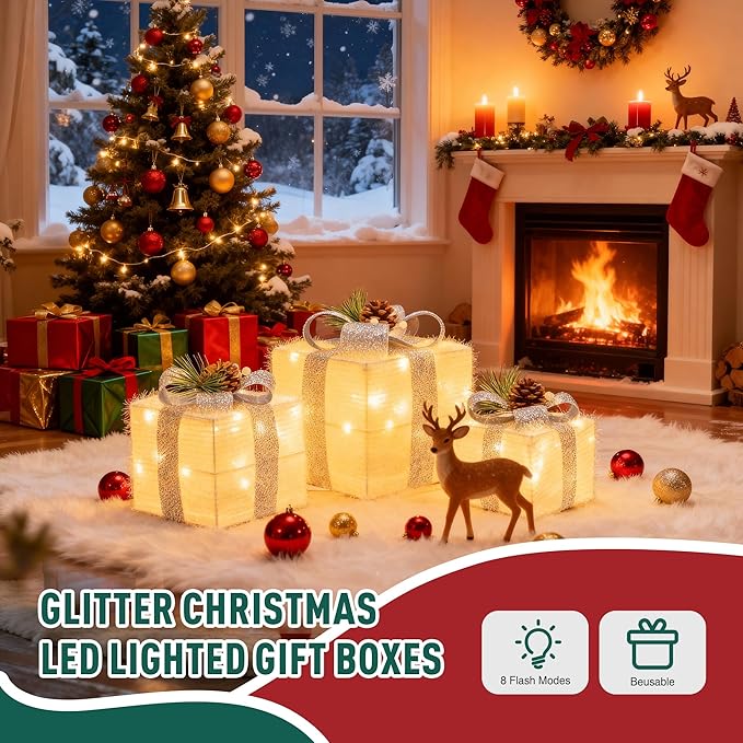 Set of 3 Christmas Lighted Gift Boxes,Outdoor Indoor Christmas Decorations,Plug-in 65 LED Light Up Present Boxes for Christmas Trees Indoor Outdoor Home Yard Lawn Holiday Birthday Party Decor