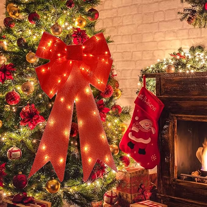 Christmas Bow Decorations Lighted Giant Christmas Bows Decoration 24 Inch Red Xmas Bows with LED Lights Xmas Tree Decorations Wreath Yard Décor Light for Indoor Outdoor Decor (1)