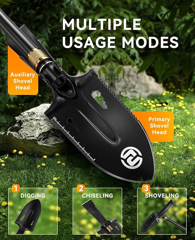 SUNPOW Shovels for Digging, Camping Shovel, Portable Shovel for Gardening, Digging, Metal Detecting, Hiking, Car Emergency - Multifunctional Lightweight Outdoor Shovel, Black, SPMS02