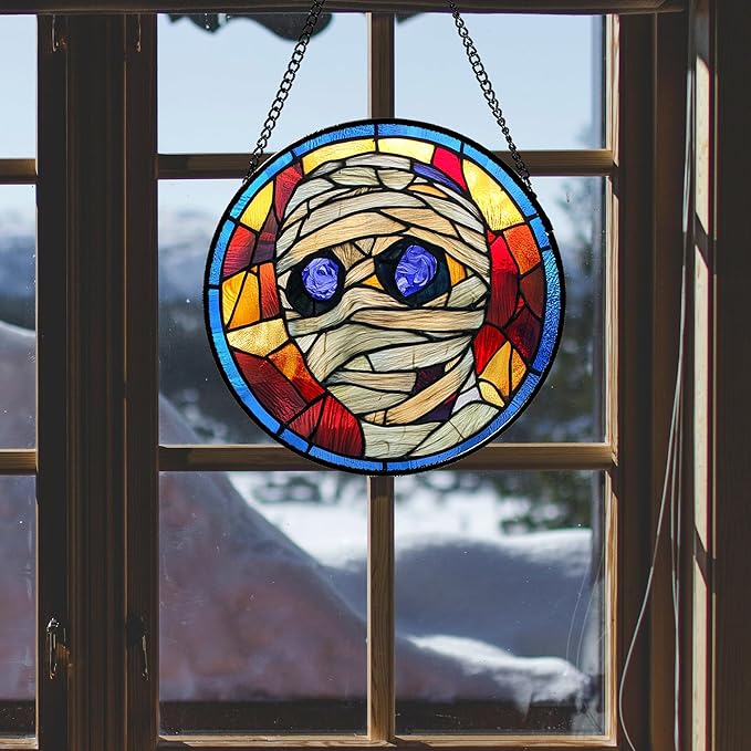 Stained Glass Window Hanging Halloween Blue-Purple Eyeball Mummy 9.8" - Suncatcher Door Garden Sun Catcher Gothic Decor Birthday Horror Funny Gift for Mom Woman Nana Friend Men