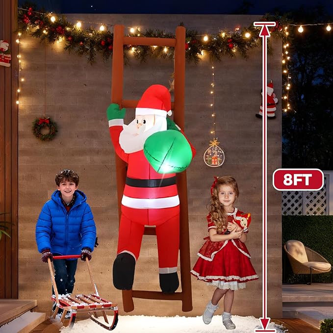 8FT Santa Claus Climbing on Ladder Christmas Decoration with Built-in LED Lights, Christmas Outdoor Inflatable Decoration for Lawn, Yard, Garden, Patio
